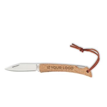 Stainless steel folding pocket knife with cork handle and rope