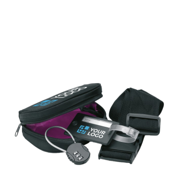 Travel set with luggage tag, luggage belt and lock