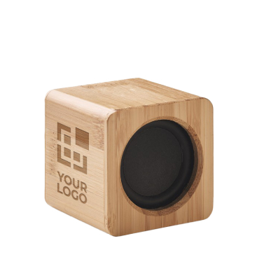 Wireless cube-shaped speaker with bamboo housing