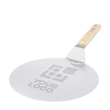 Circular metal pizza paddle with logo