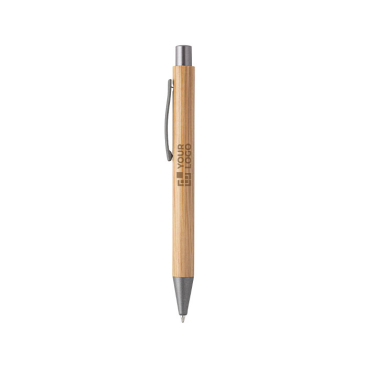 Bamboo ballpoint pen with metal clip, gray, blue ink