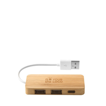 Bamboo USB 2.0 hub with USB-C port and cable, with logo