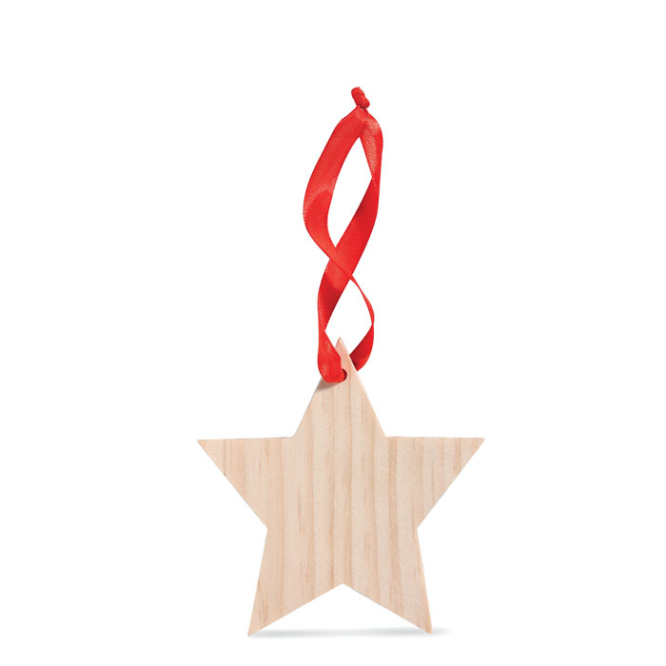 Wooden christmas star decoration with red ribbon for hanging