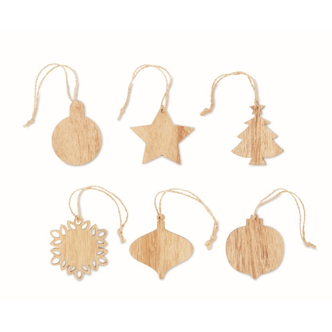 Wooden tree decoration set with jute cords, 6 pieces