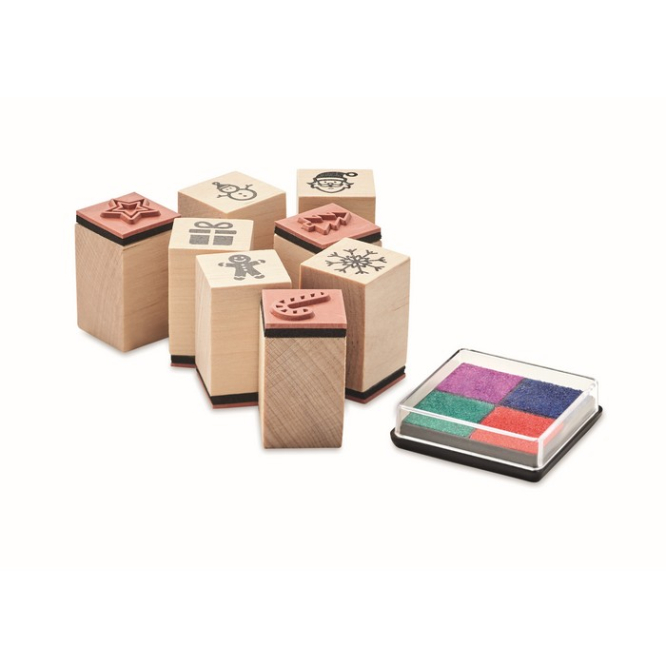 Wooden christmas stamps (x8), with colourful ink pads