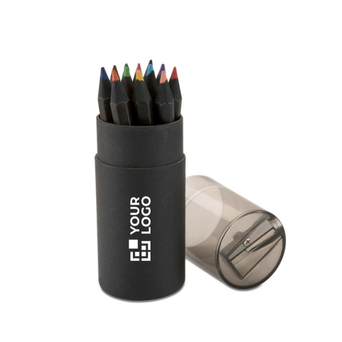 Black box set with 12 coloured pencils and built-in sharpener