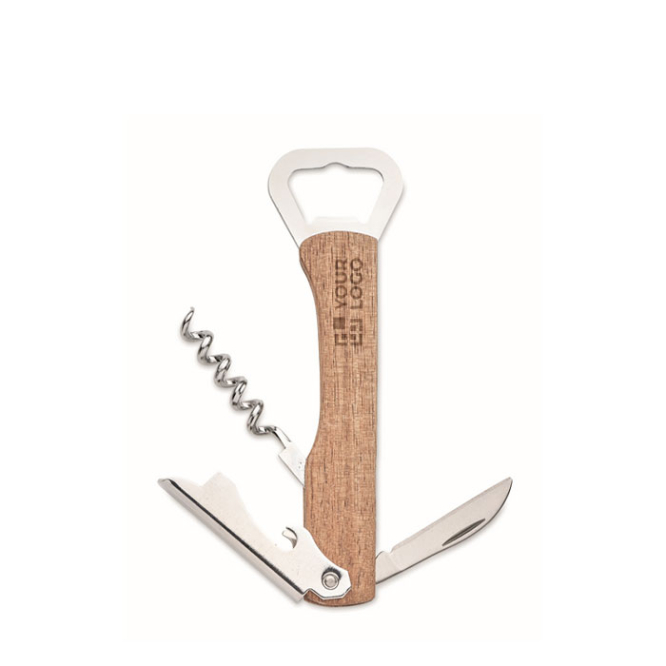 Bamboo bottle opener with dual openers, corkscrew, and cutter