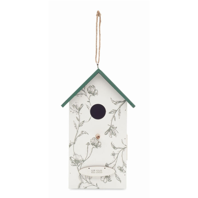 Hanging wooden birdhouse with floral print