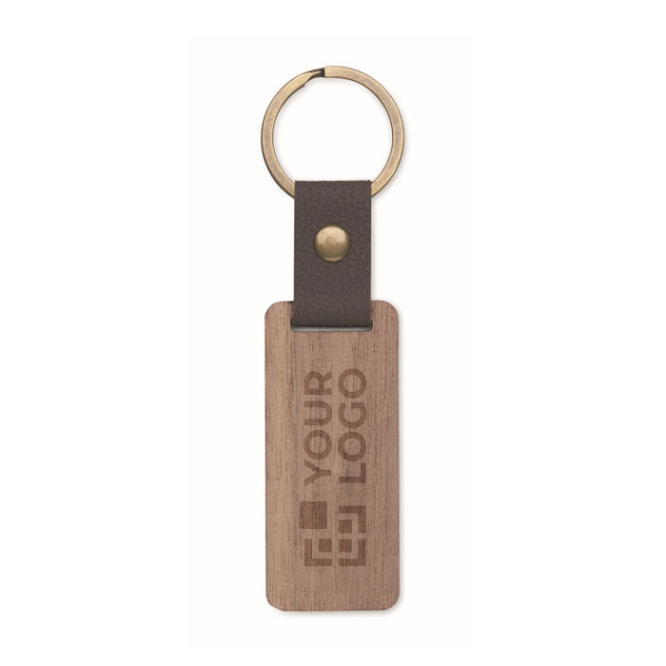 Rectangular wooden keyring with synthetic leather detail