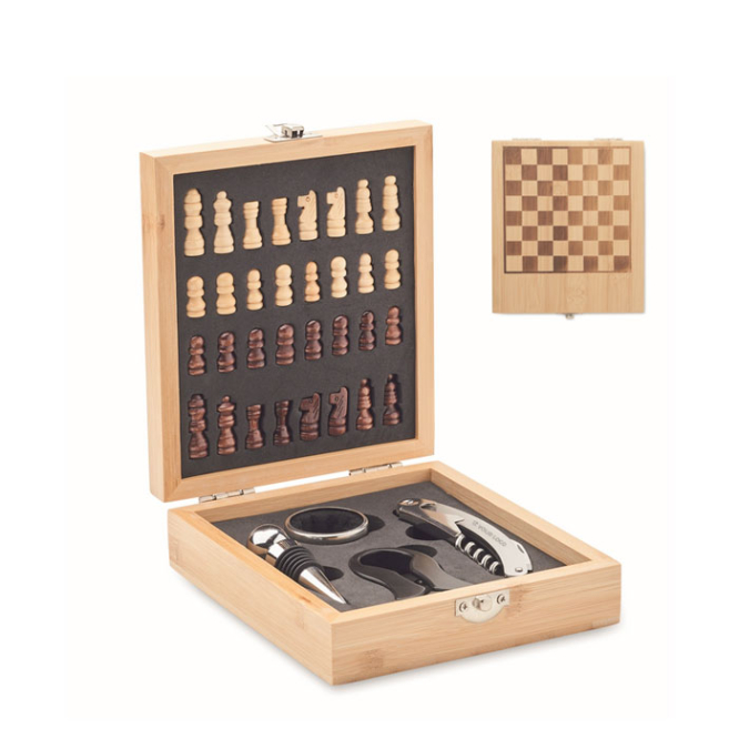 Bamboo box with small chess set and wine kit