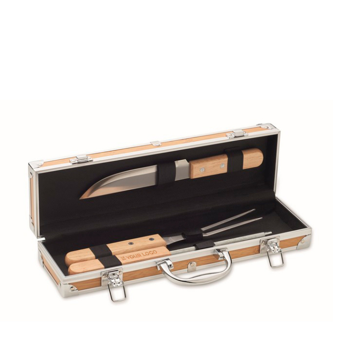 Wood-look case with 3 barbecue utensils