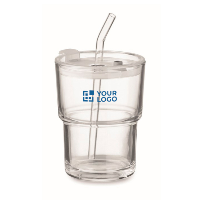 Glass tumbler with leak-proof lid and glass straw, 300 ml