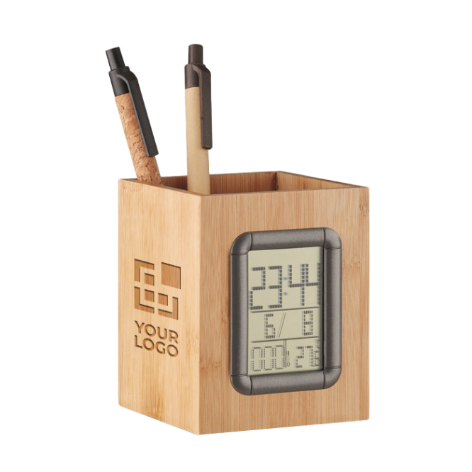 Bamboo pencil holder with time, alarm, calendar and temp' display