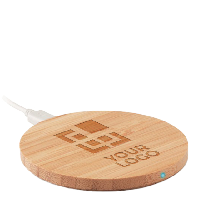 Round wireless smartphone charger made of bamboo wood