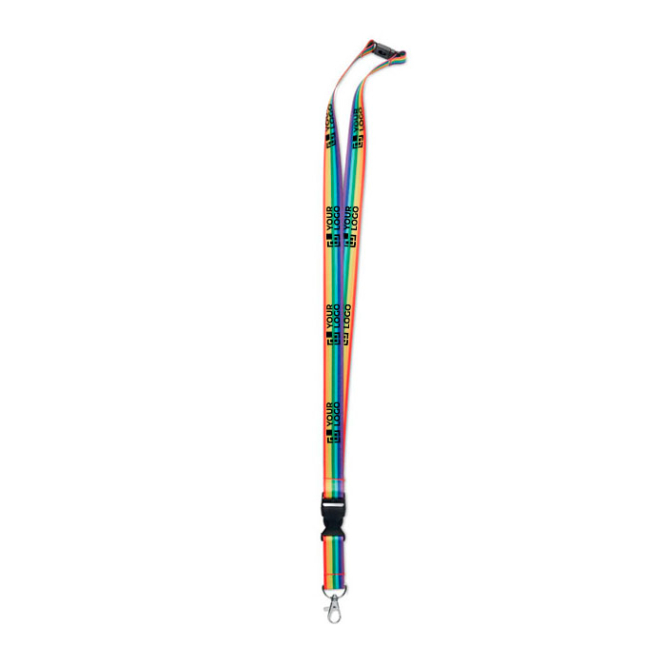 Lanyard made of RPET with rainbow colours and clasp