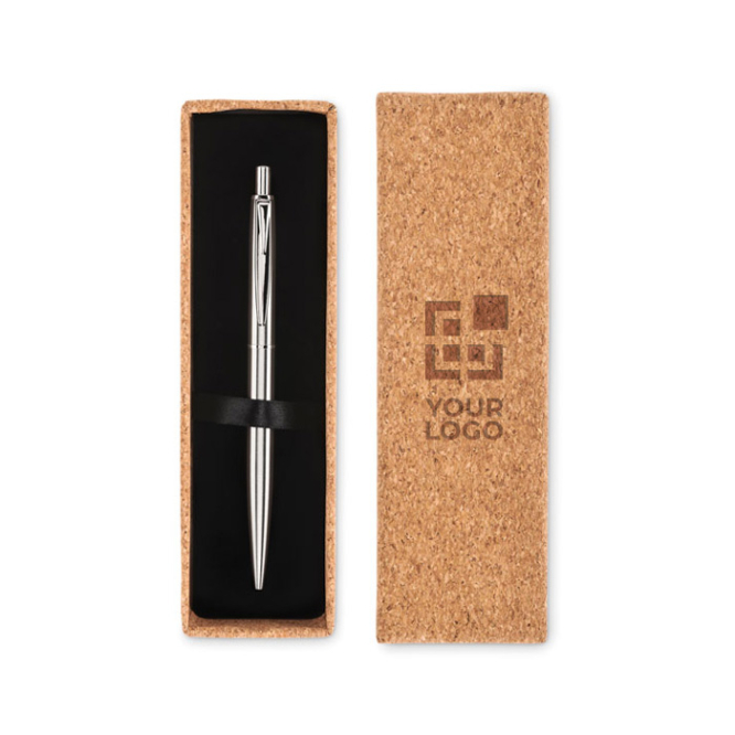 Metallic ballpoint pen with blue ink in a cork case as a gift