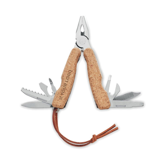 Stainless steel pocket knife with cork details and 9 functions