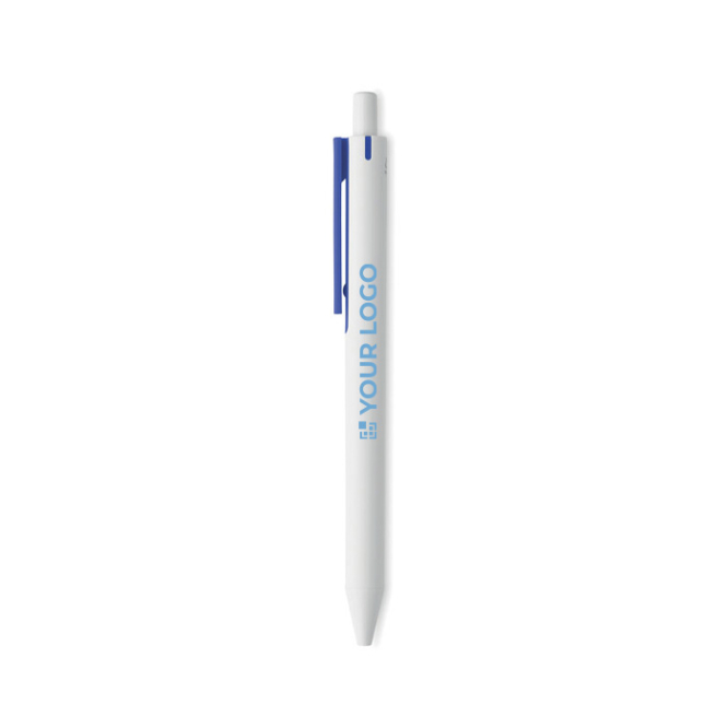 White recycled ballpoint pen with blue ink and colored clip