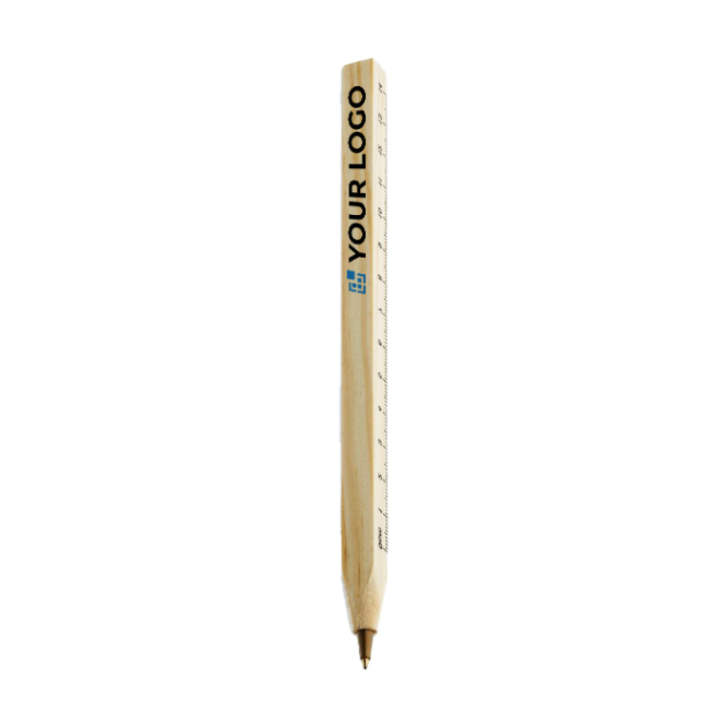 Wooden ballpoint pen with blue ink and ruler on the side