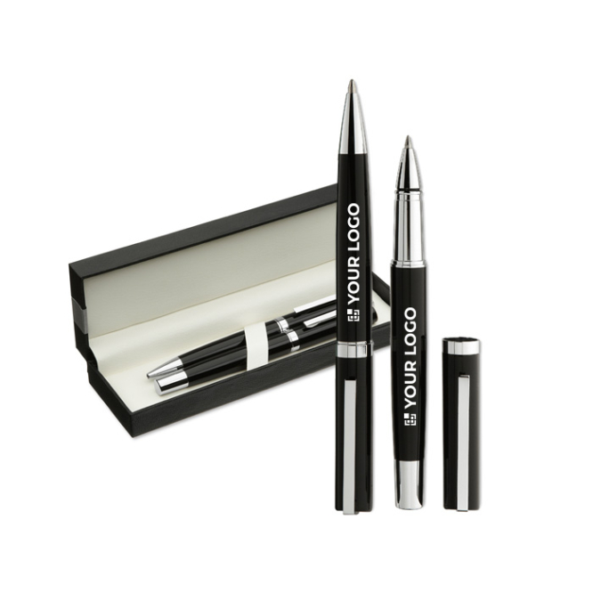 Writing set for promotions, with ballpoint pen and rollerball