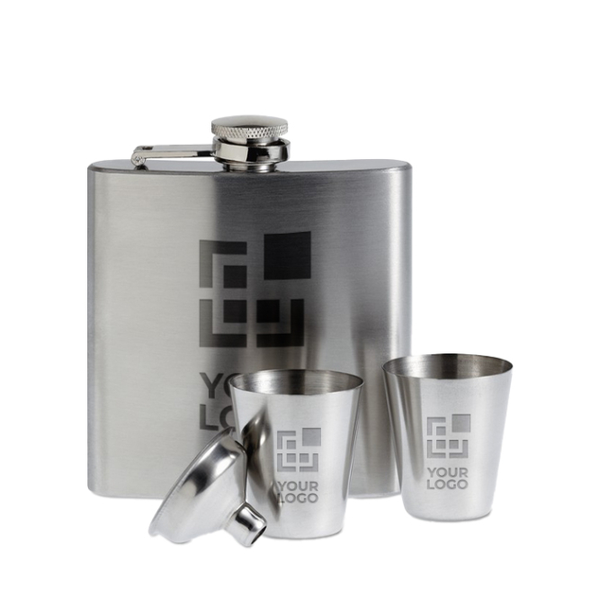 Set of hip flask, 2 shot glasses and funnel