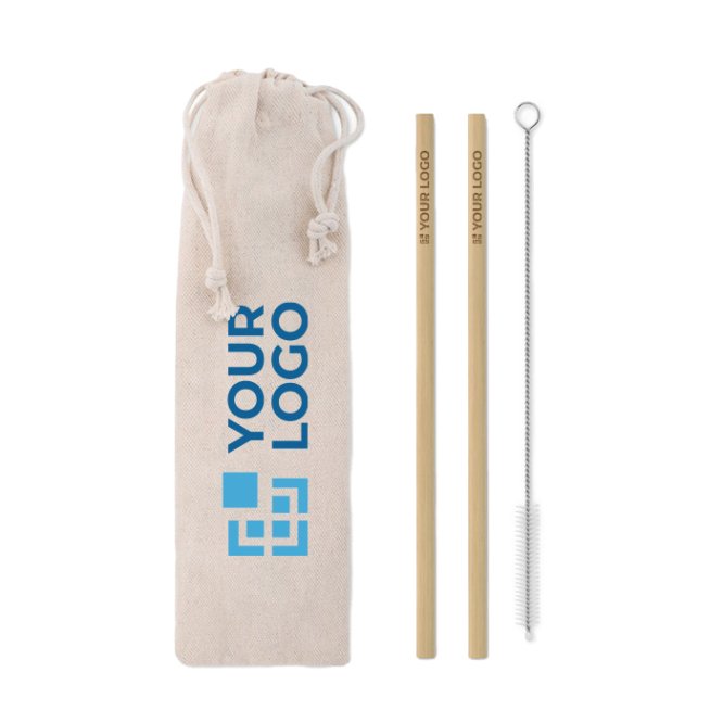 2 reusable bamboo drinking straws with cleaning brush and bag