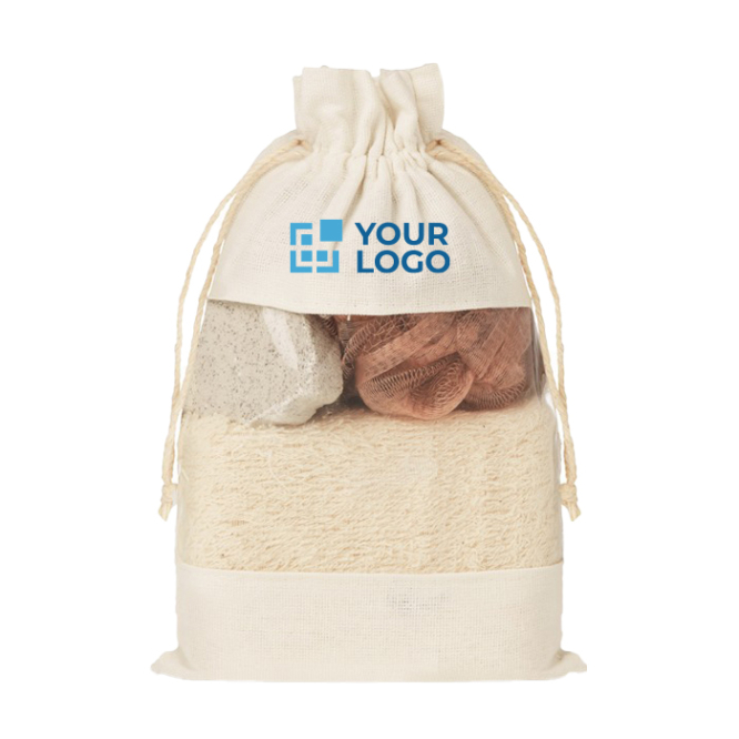 Bath set, 2 sponges and pumice stone in jute bag