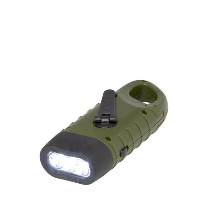 Solar dynamo flashlight made of recycled plastic with carabiner