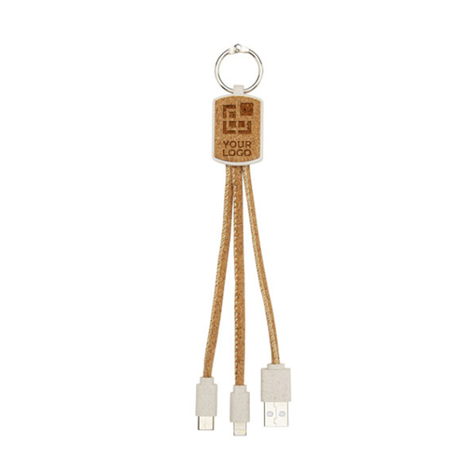 3-in-1 charging cable, cork and wheat keyring