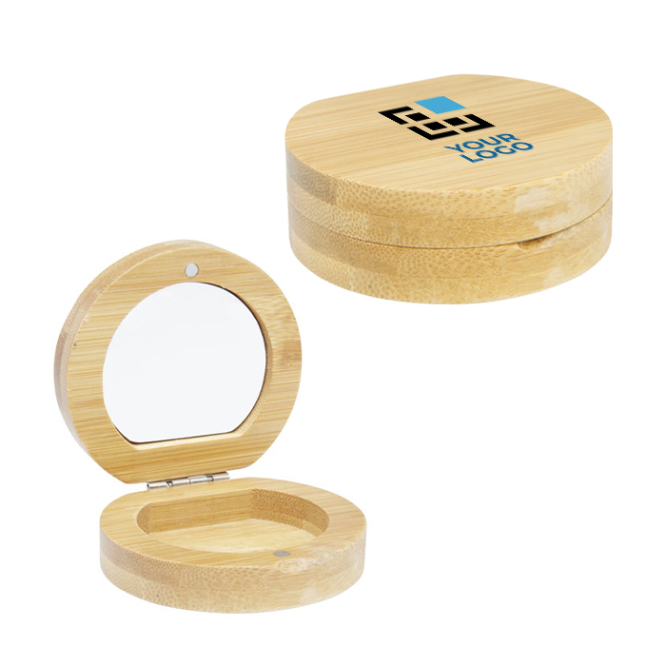 Compact bamboo pocket mirror with small compartment