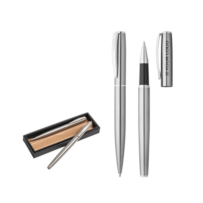 Set of pen and rollerball in recycled stainless steel, black ink