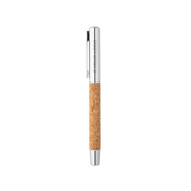 Recycled stainless steel and cork rollerball with clip, blue ink