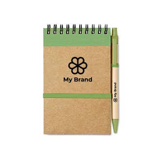 Recycled notebook, blank paper, pen made from recycled paper