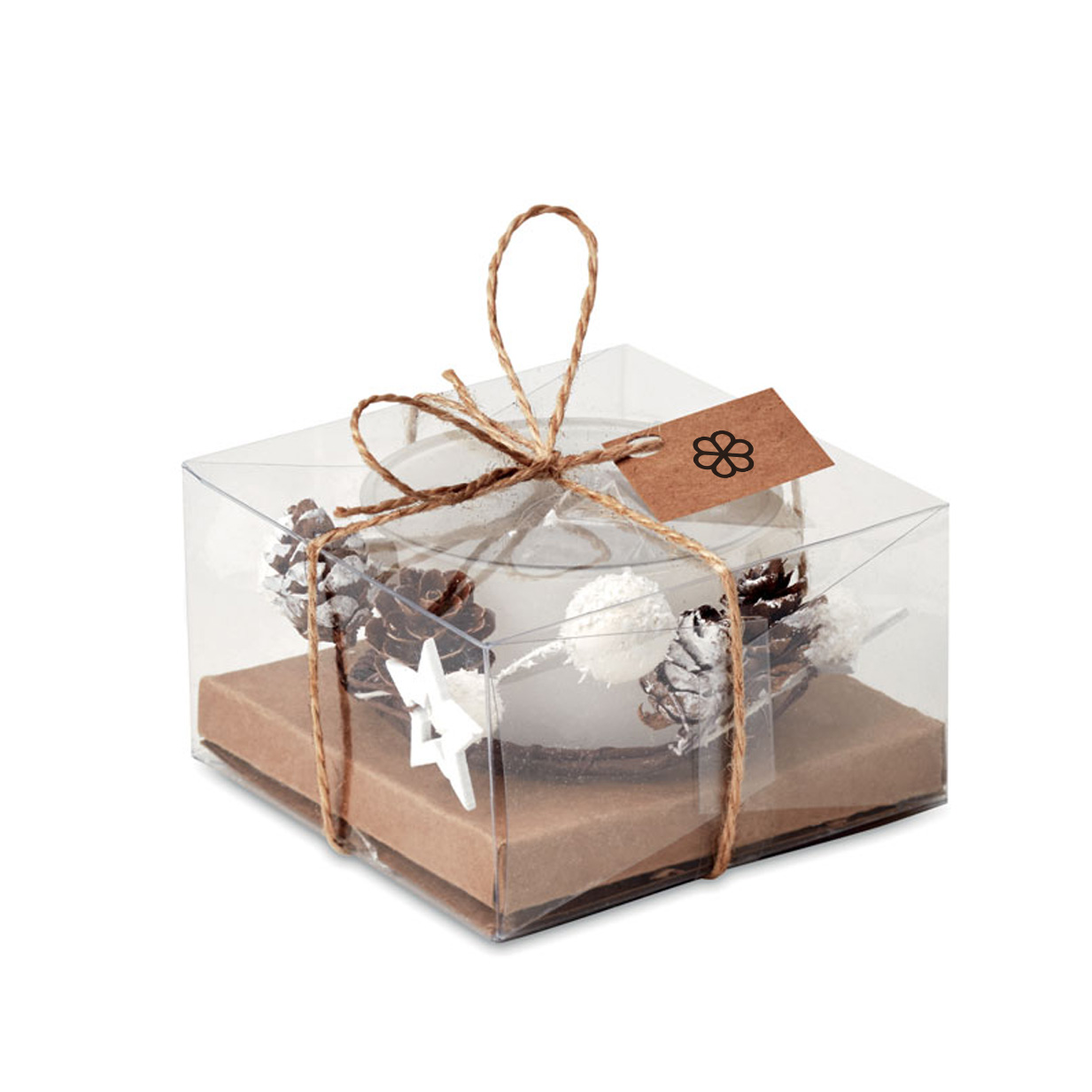 Glass candle holder with Christmas decorations