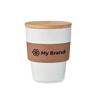 Recycled plastic cup with cork band and bamboo lid, 300 ml